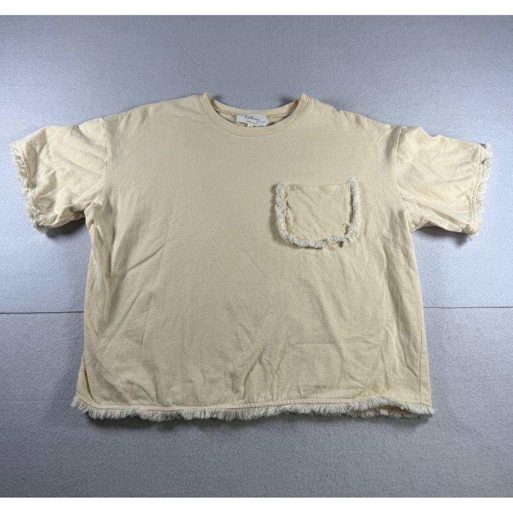 La February Cream Yellow Fringe Trim Pocket Tee Shirt 1126T Small
